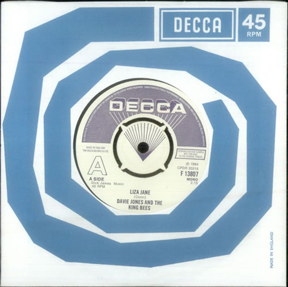 Davie Jones & The Kingbees Liza Jane - A Label UK Promo 7" vinyl single (7 inch record / 45) F13807