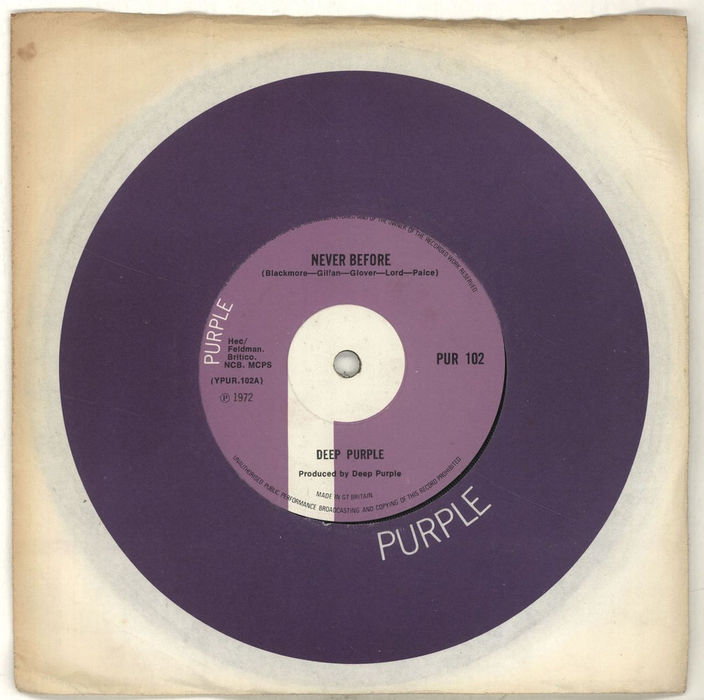 Deep Purple Never Before + Company Sleeve UK 7" vinyl single (7 inch record / 45) PUR102