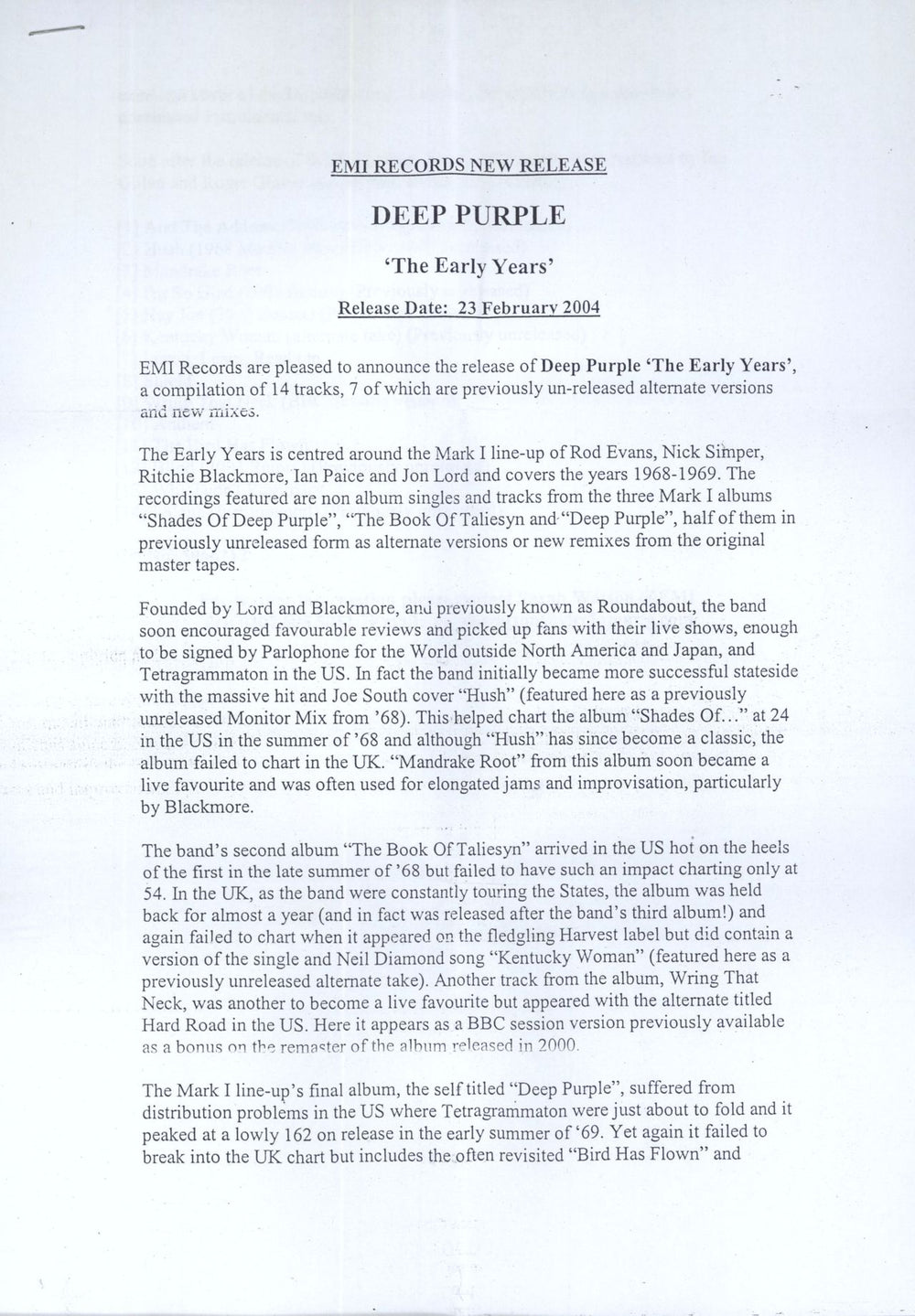 Deep Purple The Early Years UK Promo CD-R acetate