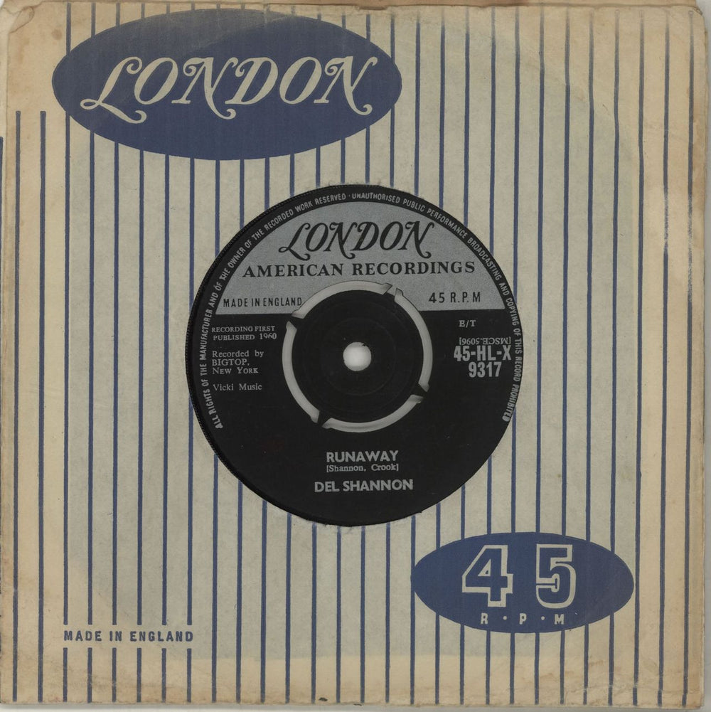 Del Shannon Runaway UK 7" vinyl single (7 inch record / 45) 45-HLX9317