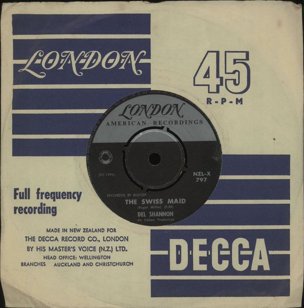 Del Shannon The Swiss Maid New Zealand 7" vinyl single (7 inch record / 45) NZL-X797