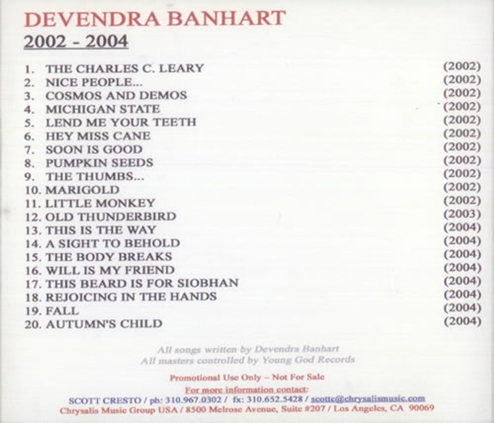 Devendra Banhart The Music Of Devendra Banhart 2002-2004 US Promo CD-R acetate DBHCRTH528855