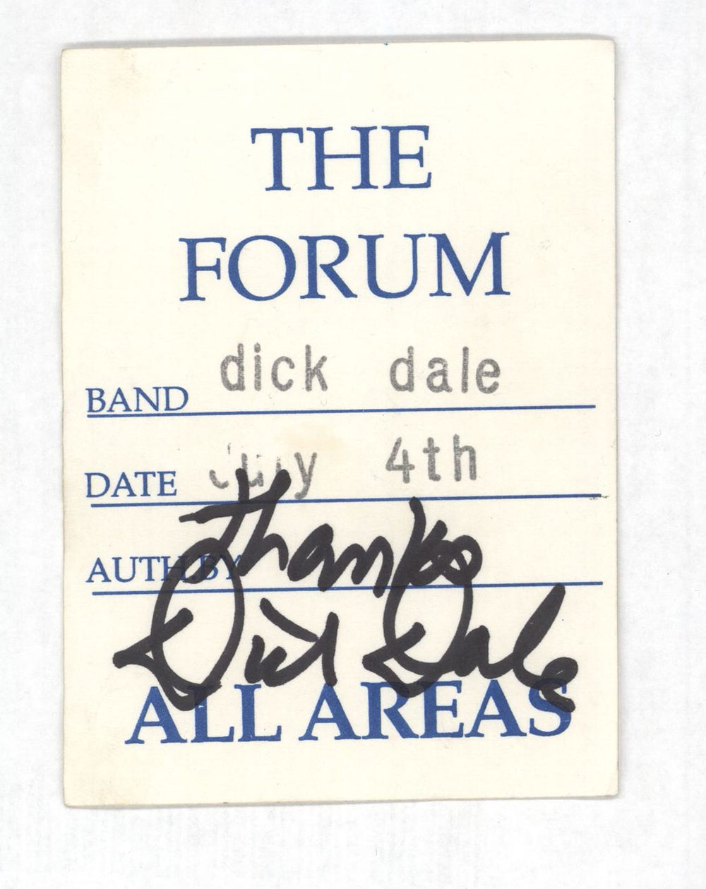 Dick Dale The Forum - Autographed UK tour pass SIGNED TOUR PASS