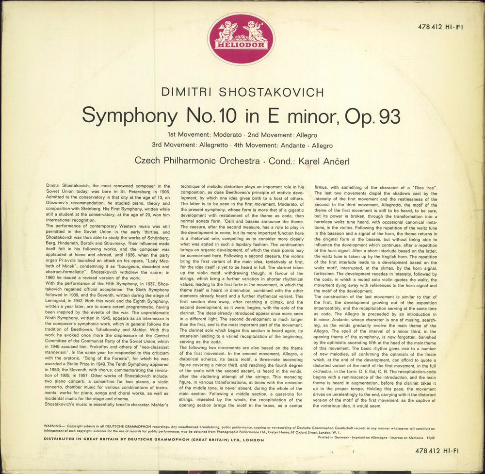 Dmitri Shostakovich Symphony No. 10 in E Minor, Op.93 German vinyl LP album (LP record)