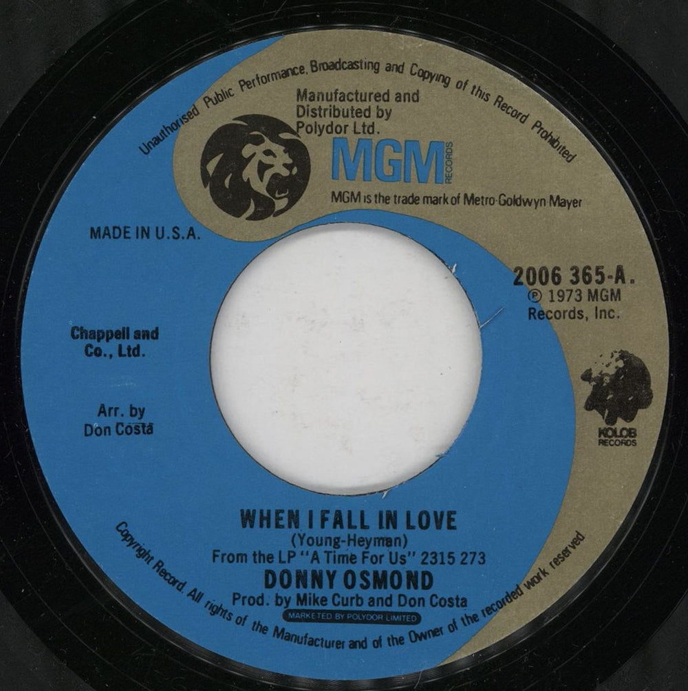 Donny Osmond When I Fall In Love US 7" vinyl single (7 inch record / 45) 2006365