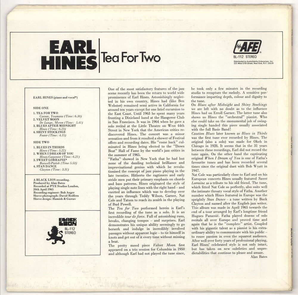 Earl Hines Tea For Two US vinyl LP album (LP record)
