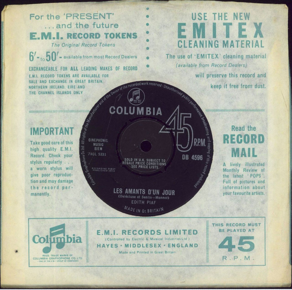 Edith Piaf Non, Je Ne Regrette Rien - 2nd UK 7" vinyl single (7 inch record / 45)