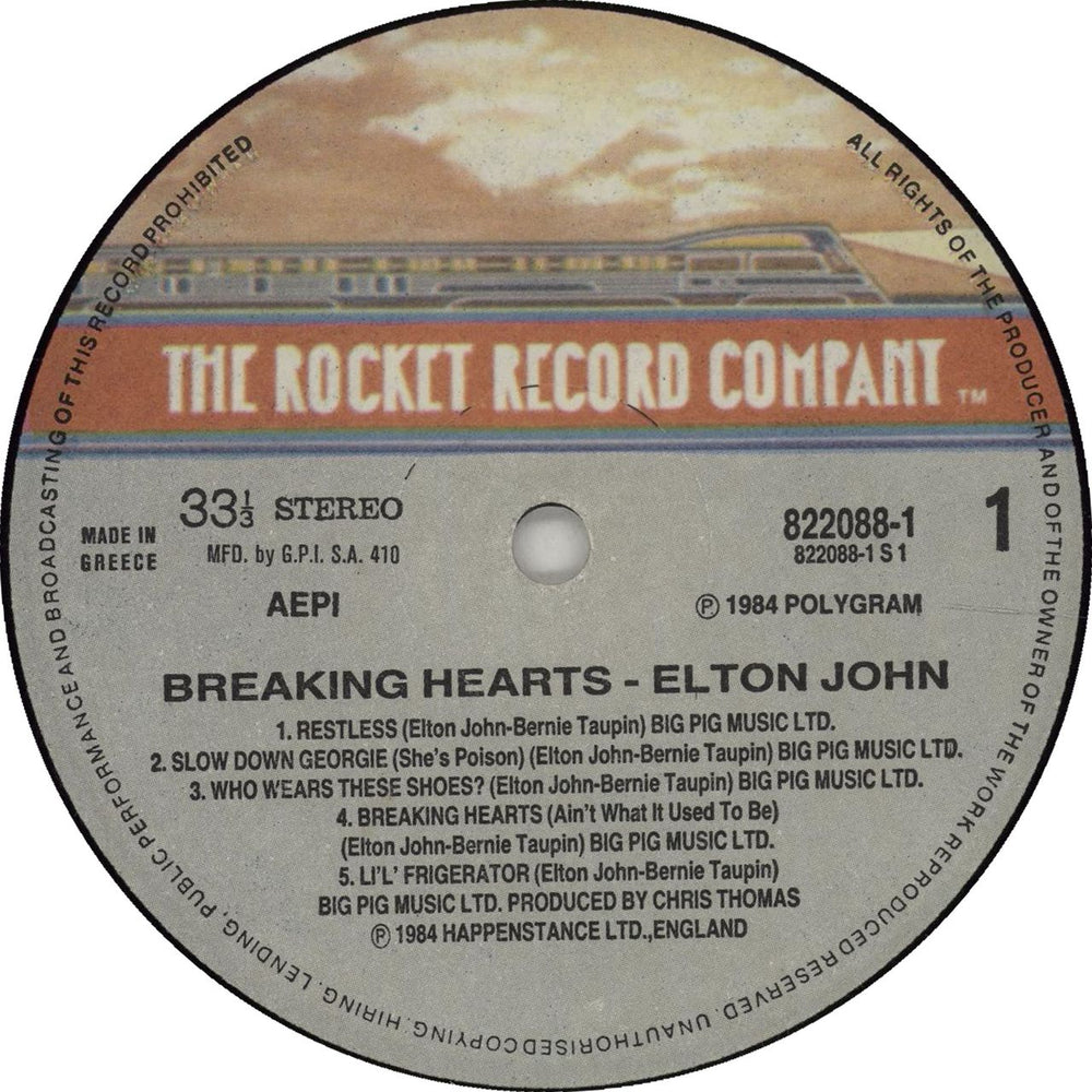 Elton John Breaking Hearts Greek vinyl LP album (LP record) JOHLPBR670638