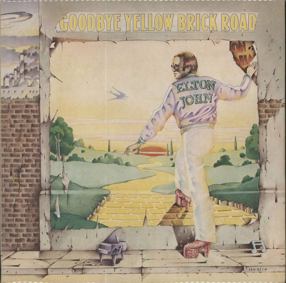 Elton John Goodbye Yellow Brick Road - Yellow Vinyl - Transitional p/s UK 2-LP vinyl record set (Double LP Album) DJE29001