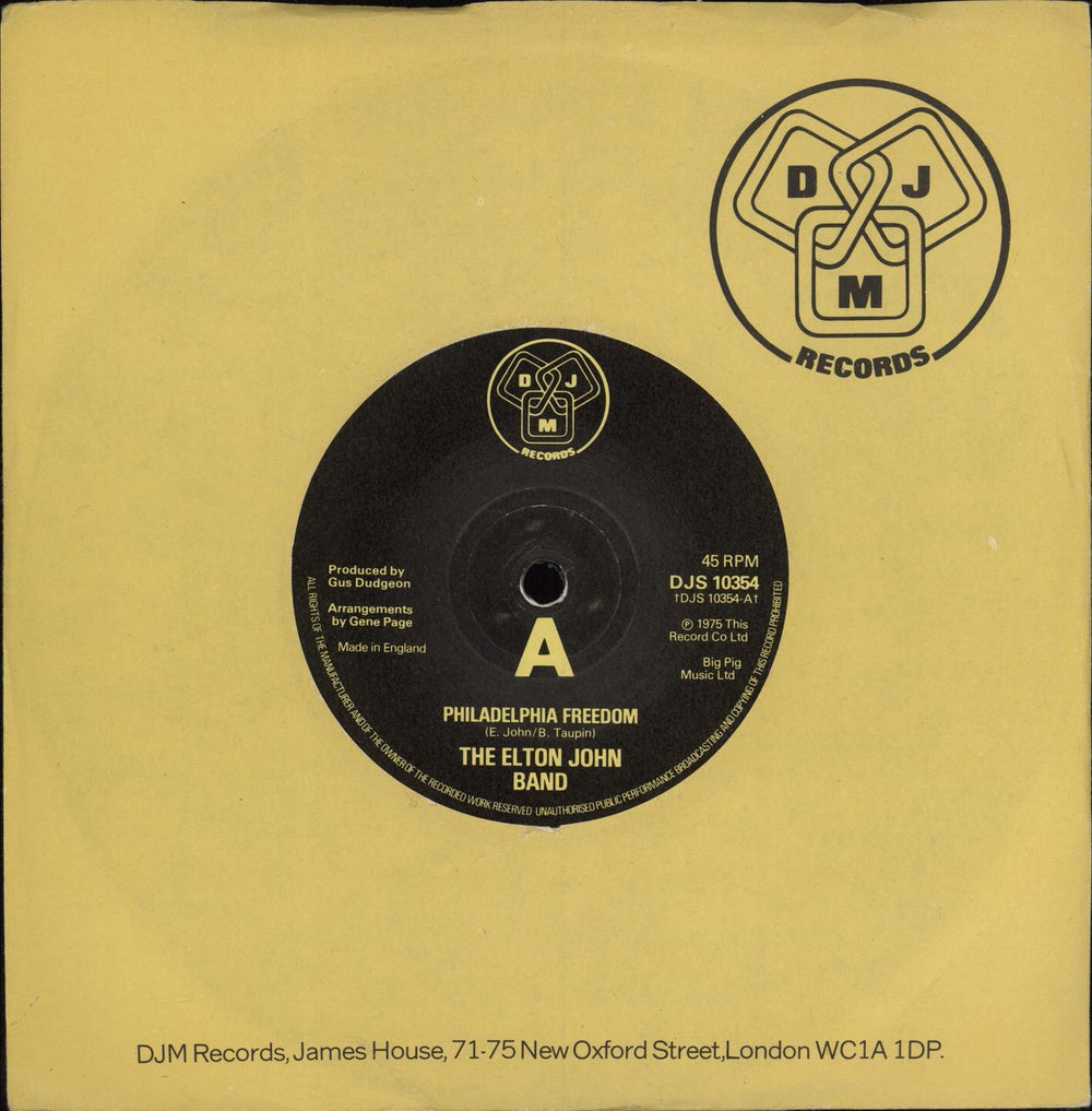 Elton John Philadelphia Freedom UK 7" vinyl single (7 inch record / 45) DJS10354