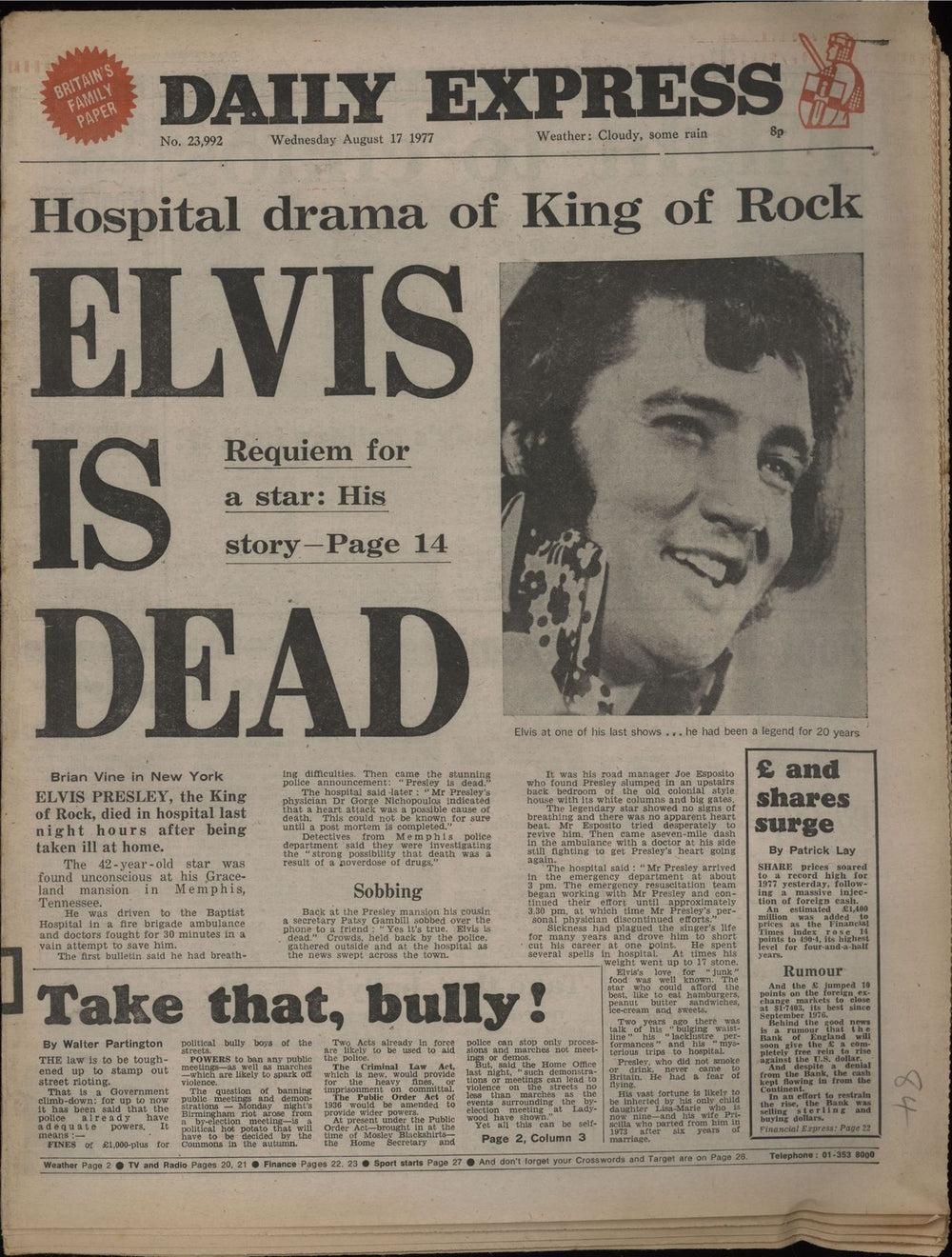 Elvis Presley Daily Express - Late Edition UK magazine