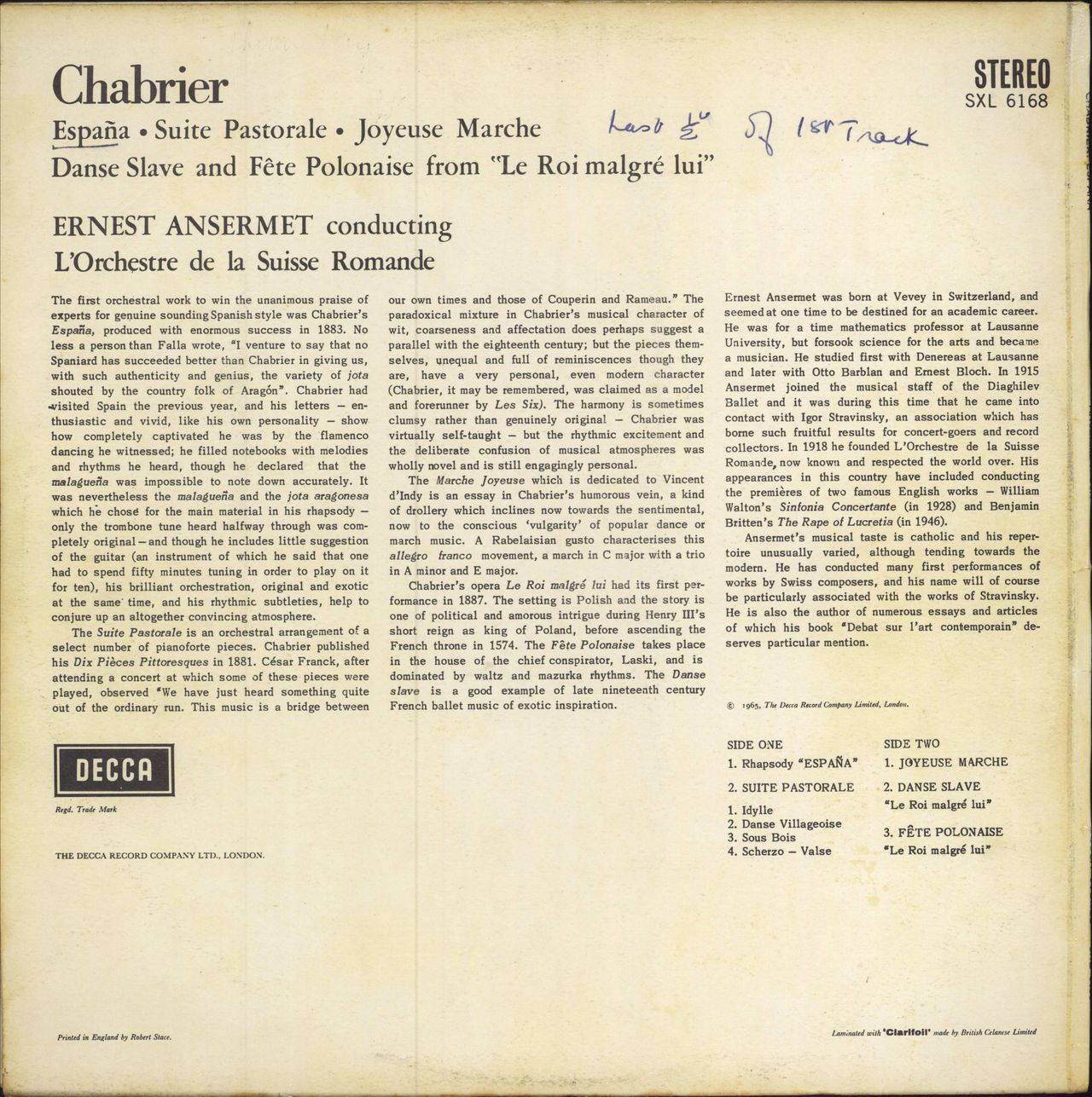Emmanuel Chabrier Ansermet Conducts Chabrier UK vinyl LP album (LP record)