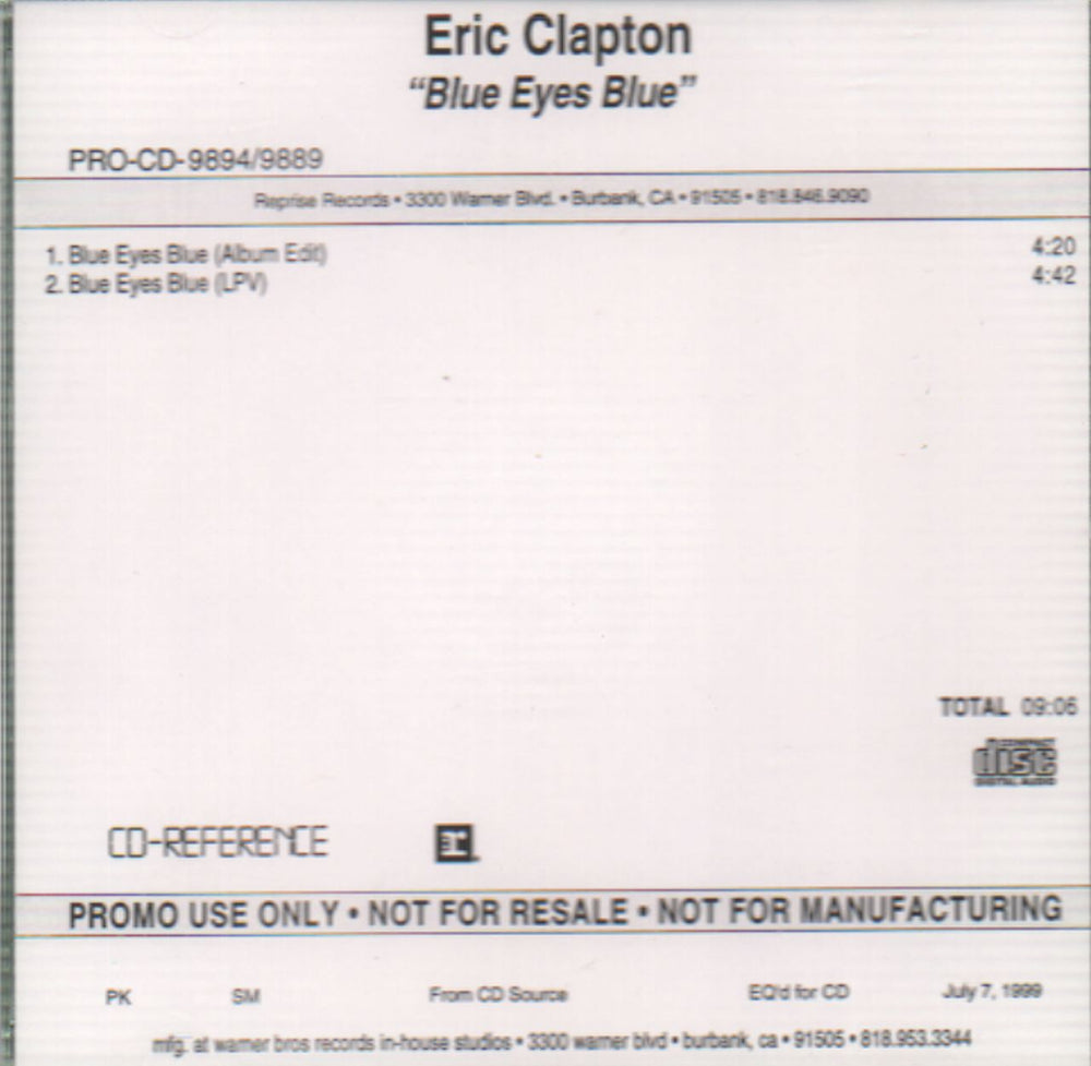 Eric Clapton Blue Eyes Blue - Album Edit & LPV Version US Promo CD-R acetate CD ACETATE