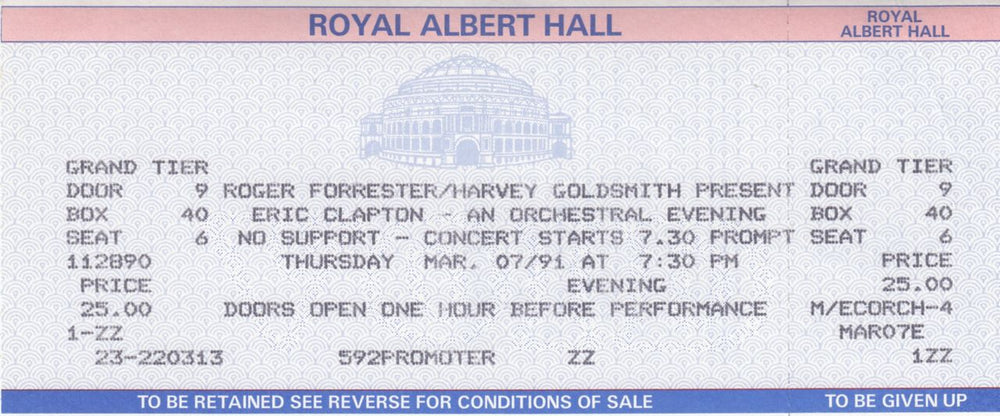 Eric Clapton Royal Albert Hall 1991 + Ticket Stub UK tour programme CLPTRRO642998