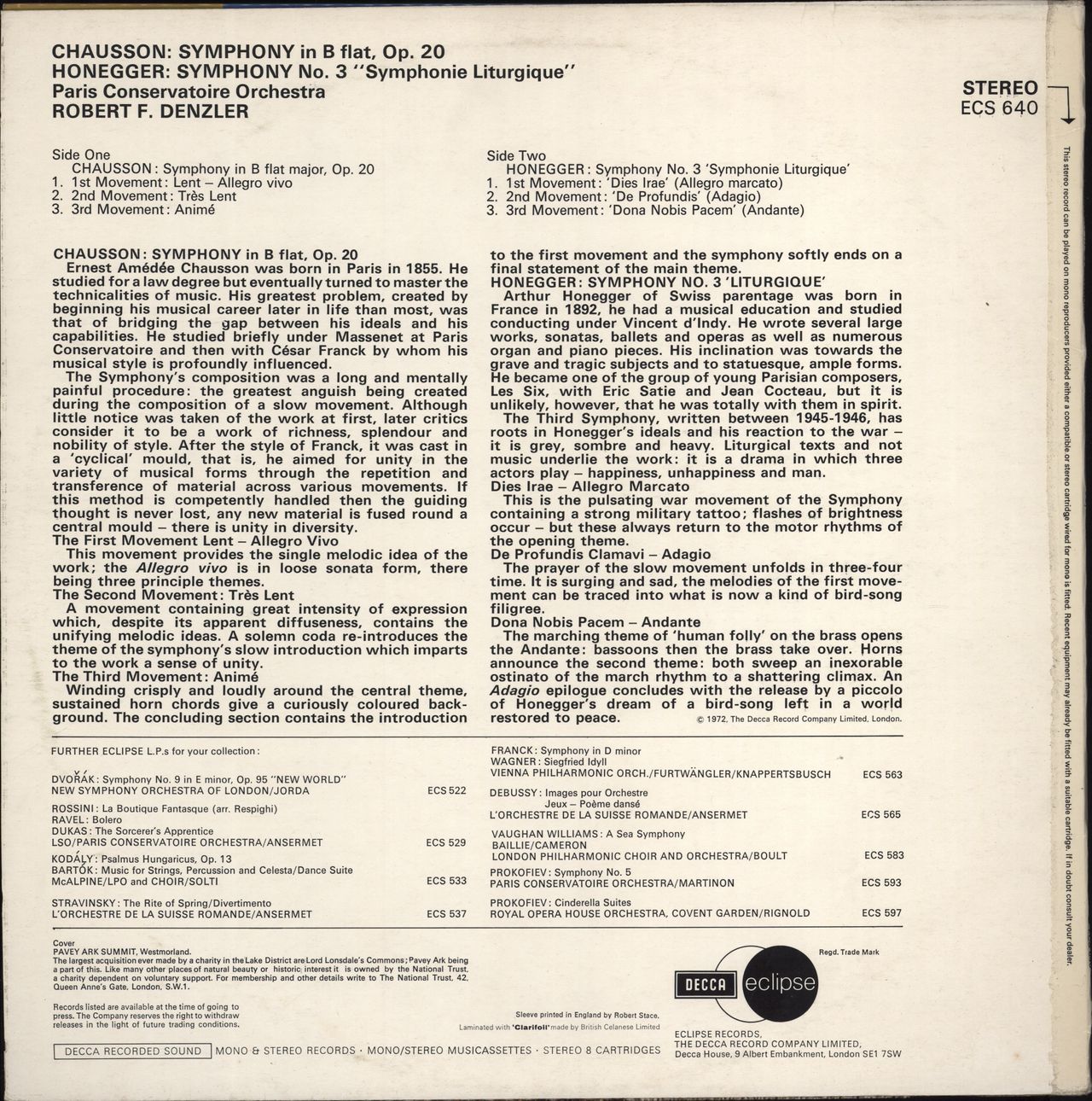 Ernest Chausson Chausson: Symphony In B Flat / Honegger: Symphony No. 3 UK vinyl LP album (LP record)