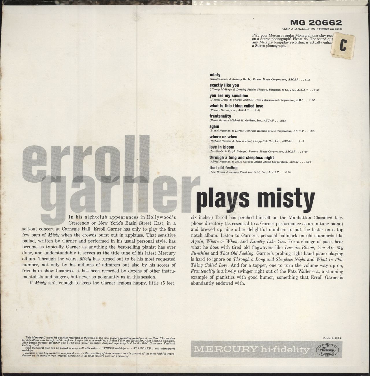Erroll Garner Plays Misty US vinyl LP album (LP record)