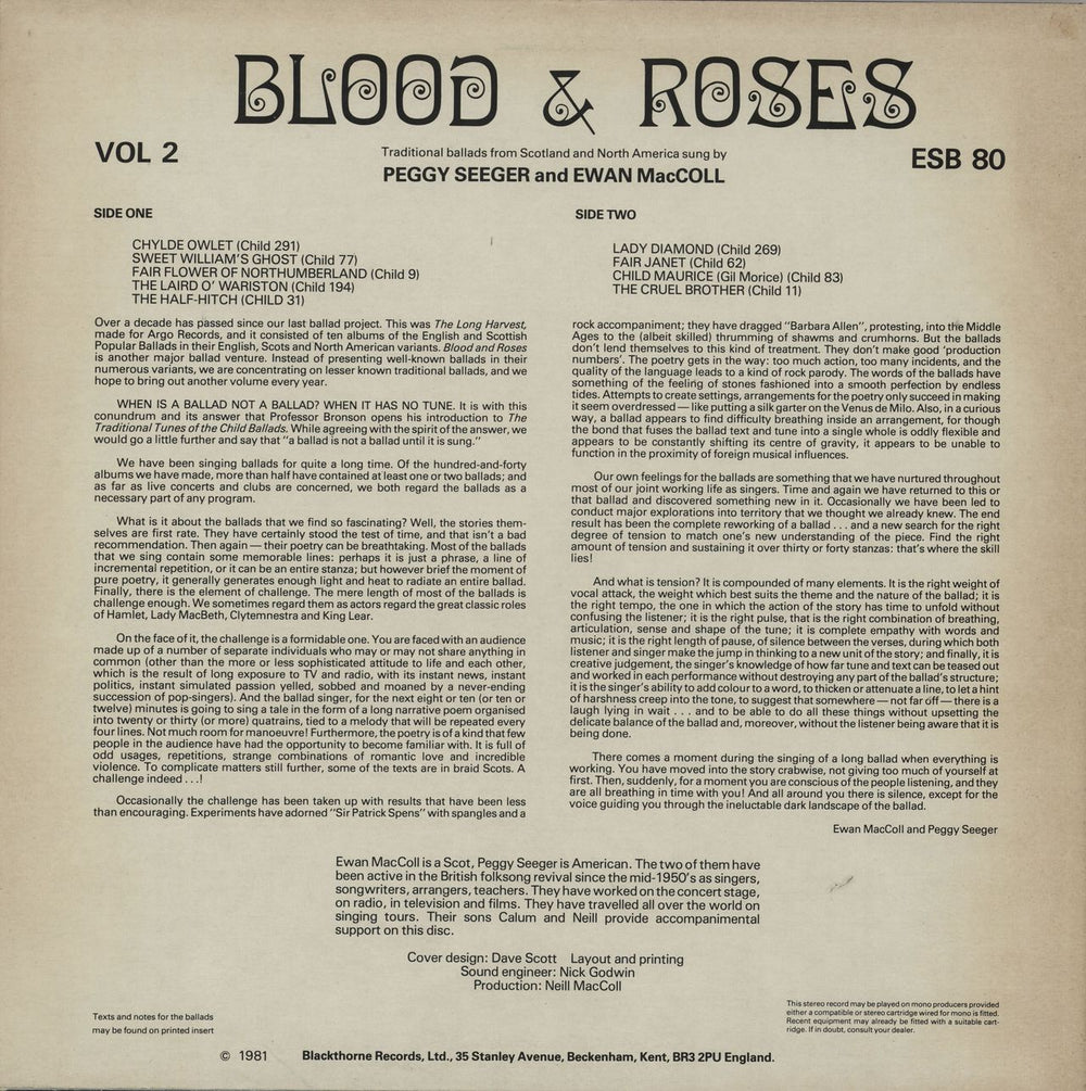 Ewan MacColl & Peggy Seeger Blood And Roses - Volume 2 UK vinyl LP album (LP record)