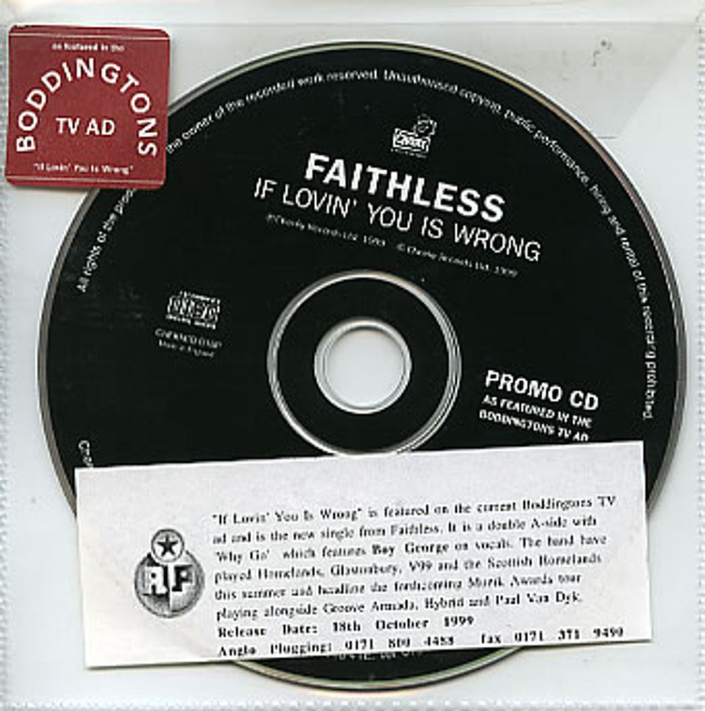 Faithless If Lovin' You Is Wrong - Boddington's TV Ad UK Promo CD single (CD5 / 5") CHEKXCD038P