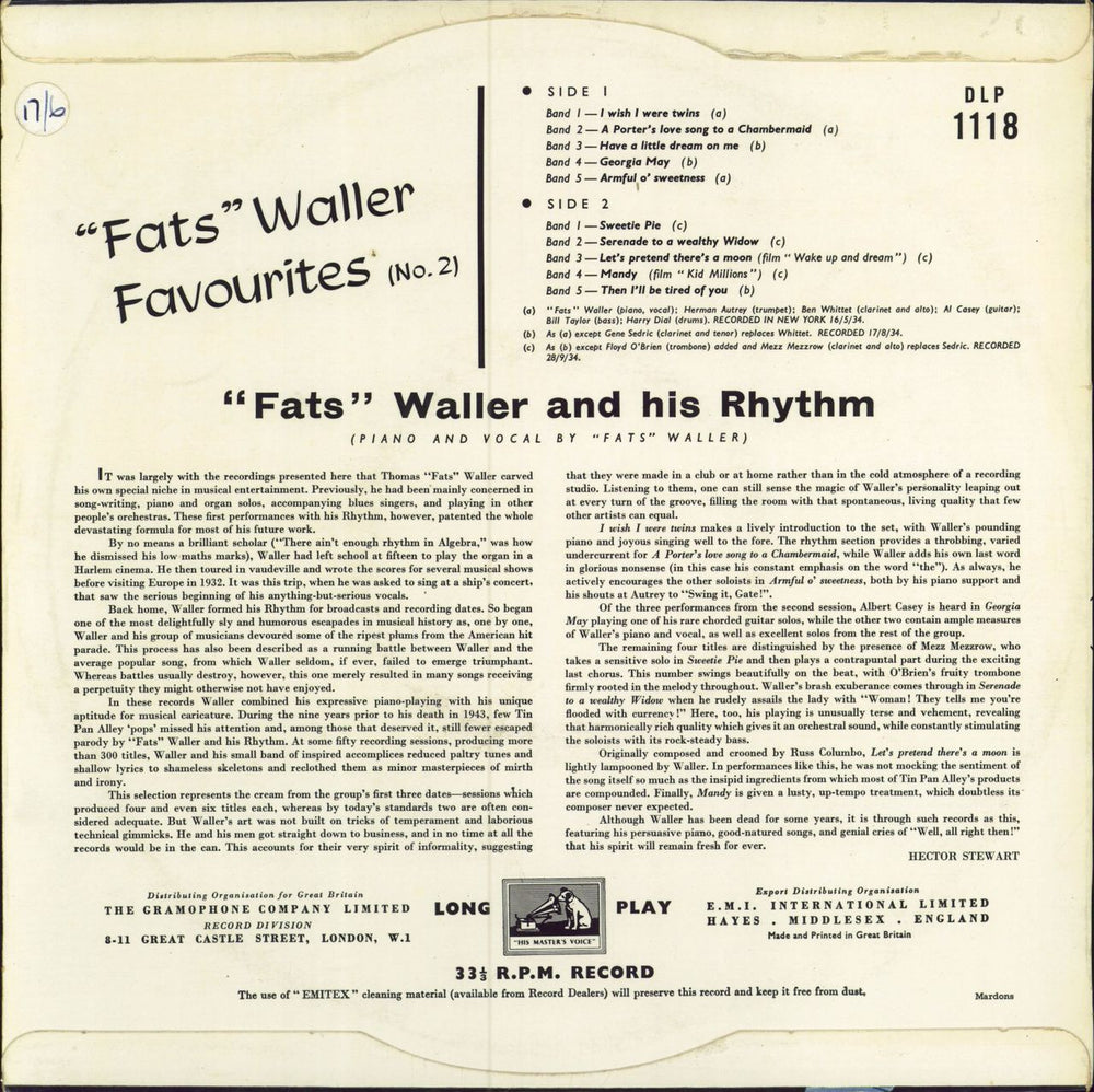 Fats Waller "Fats" Waller Favourites (No. 2) UK 10" vinyl single (10 inch record)