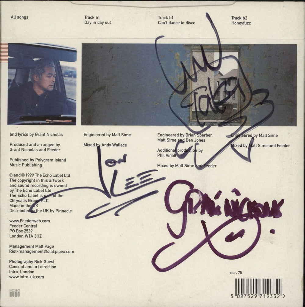 Feeder Day In Day Out - White vinyl -Autographed UK 7" vinyl single (7 inch record / 45) 5027529712332