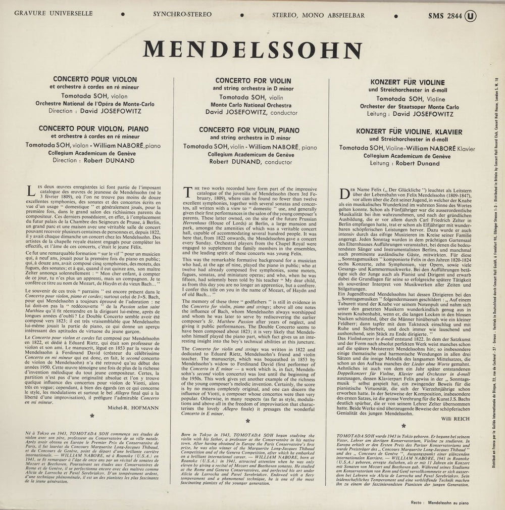 Felix Mendelssohn Mendelssohn: Concerto For Piano And Violin French vinyl LP album (LP record)