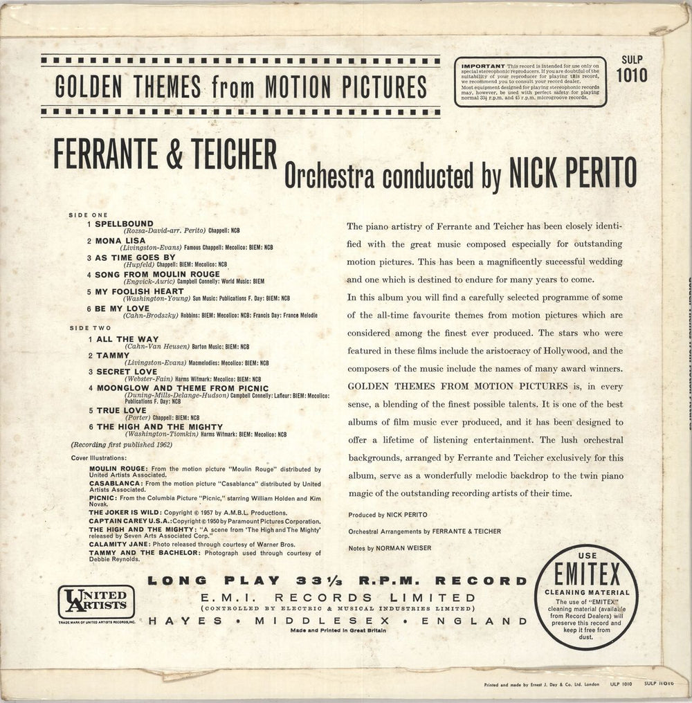 Ferrante And Teicher Golden Themes From Motion Pictures UK vinyl LP album (LP record)