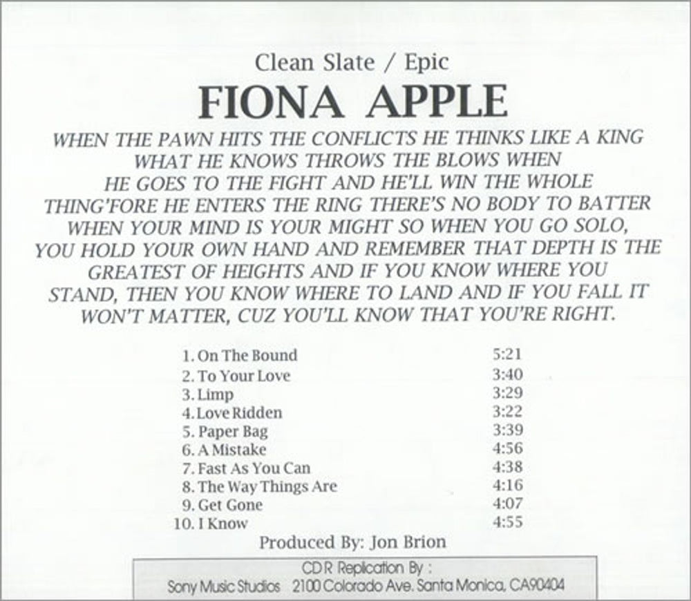 Fiona Apple When The Pawn US Promo CD-R acetate CD ACETATE