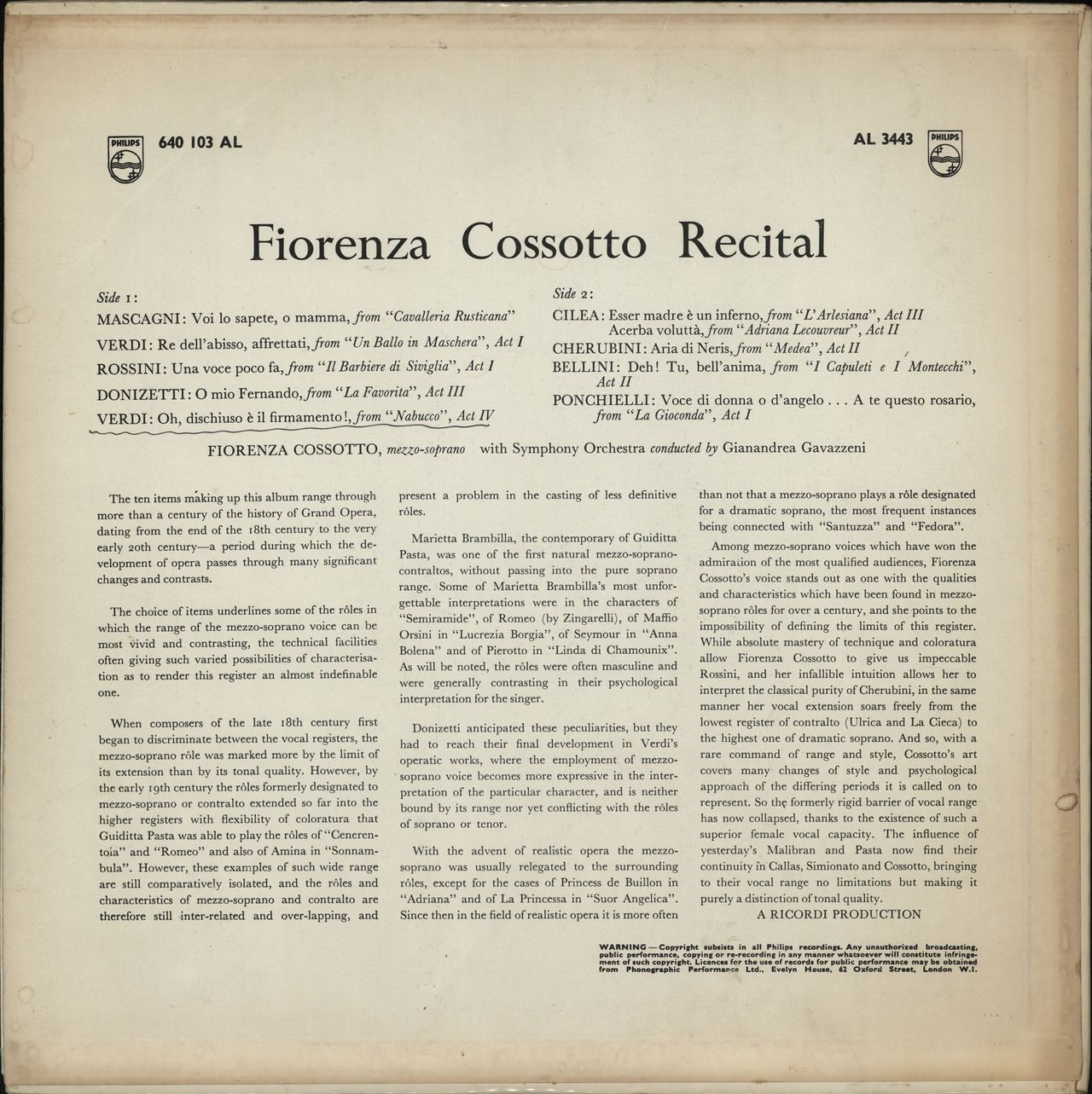 Fiorenza Cossotto Fiorenza Cossotto Recital UK vinyl LP album (LP record)