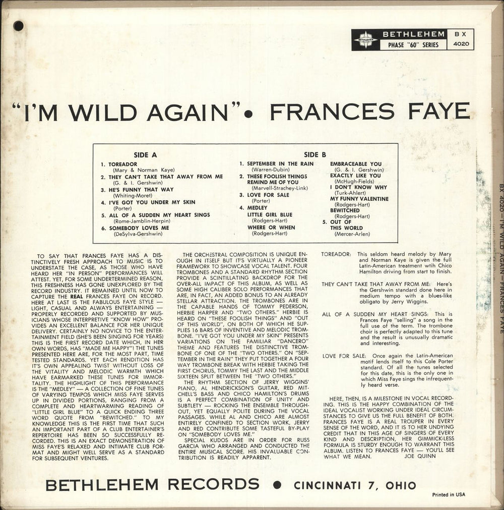 Frances Faye I'm Wild Again US vinyl LP album (LP record)