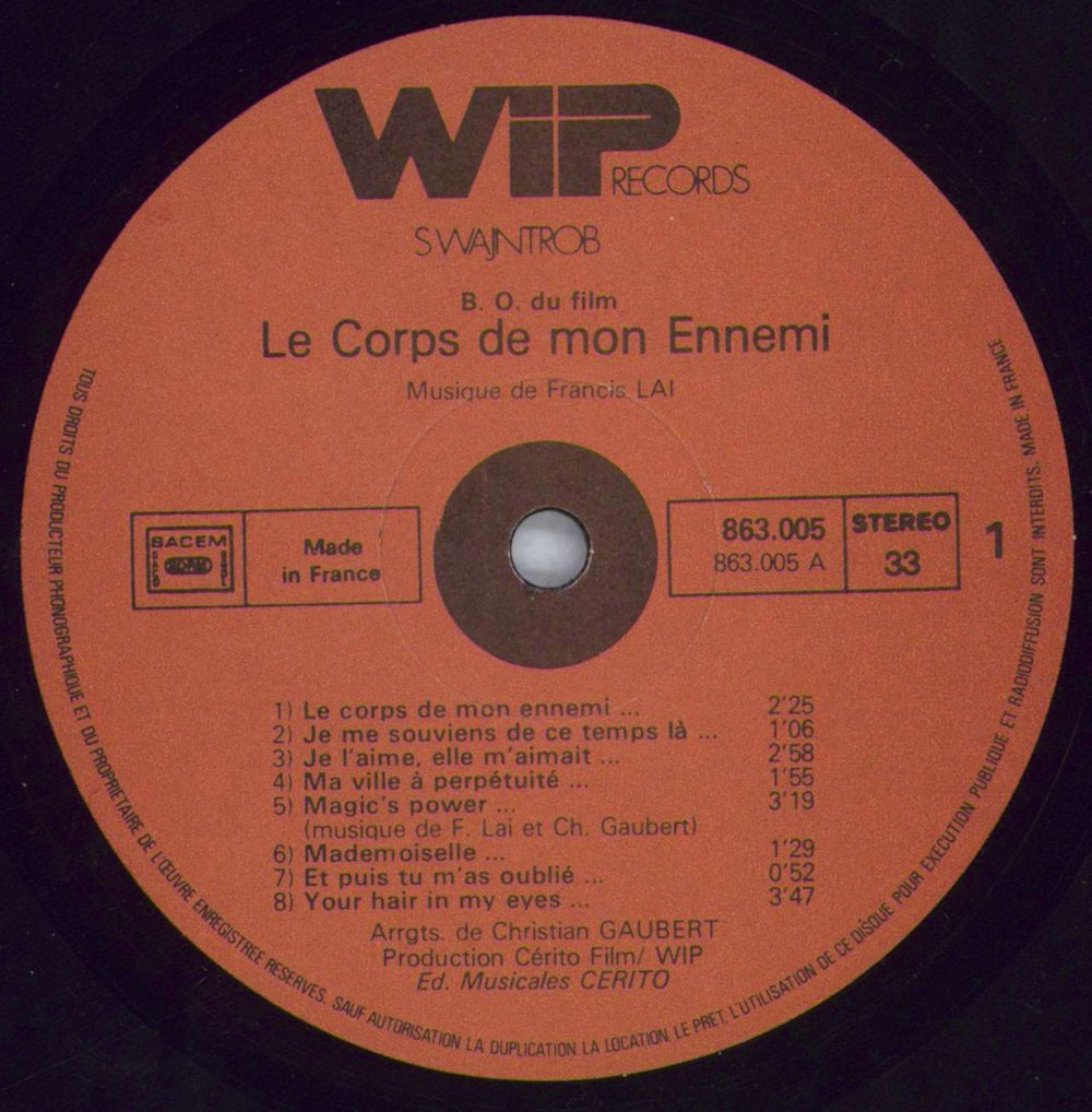 Francis Lai Le Corps De Mon Ennemi (Bande Originale Du Film) French vinyl LP album (LP record) LAILPLE823874