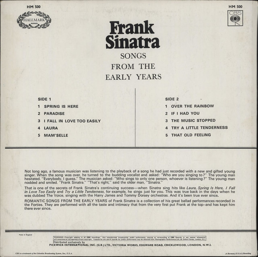 Frank Sinatra Romantic Songs From The Early Years UK vinyl LP album (LP record)