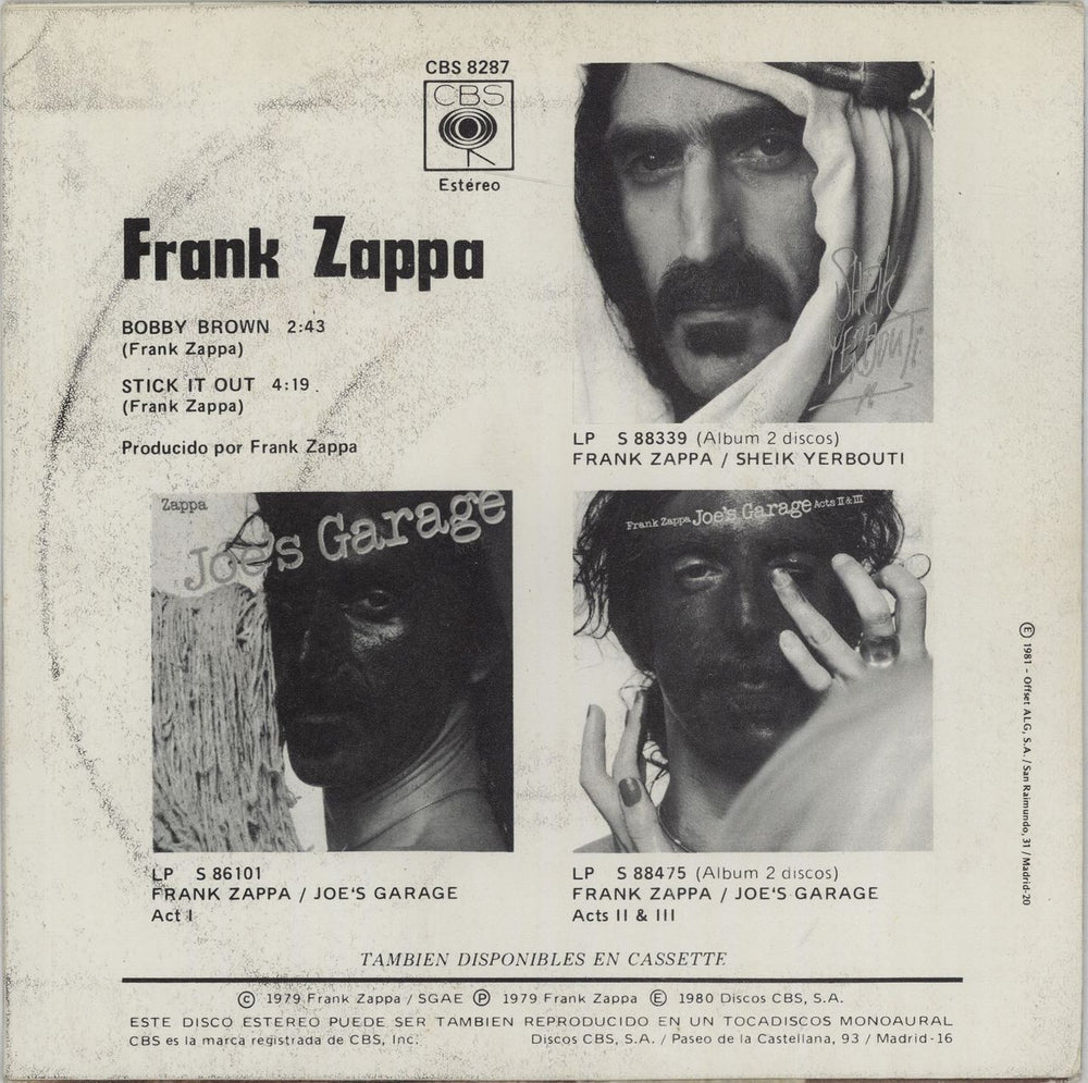 Frank Zappa Bobby Brown Spanish 7" vinyl single (7 inch record / 45) ZAP07BO673940