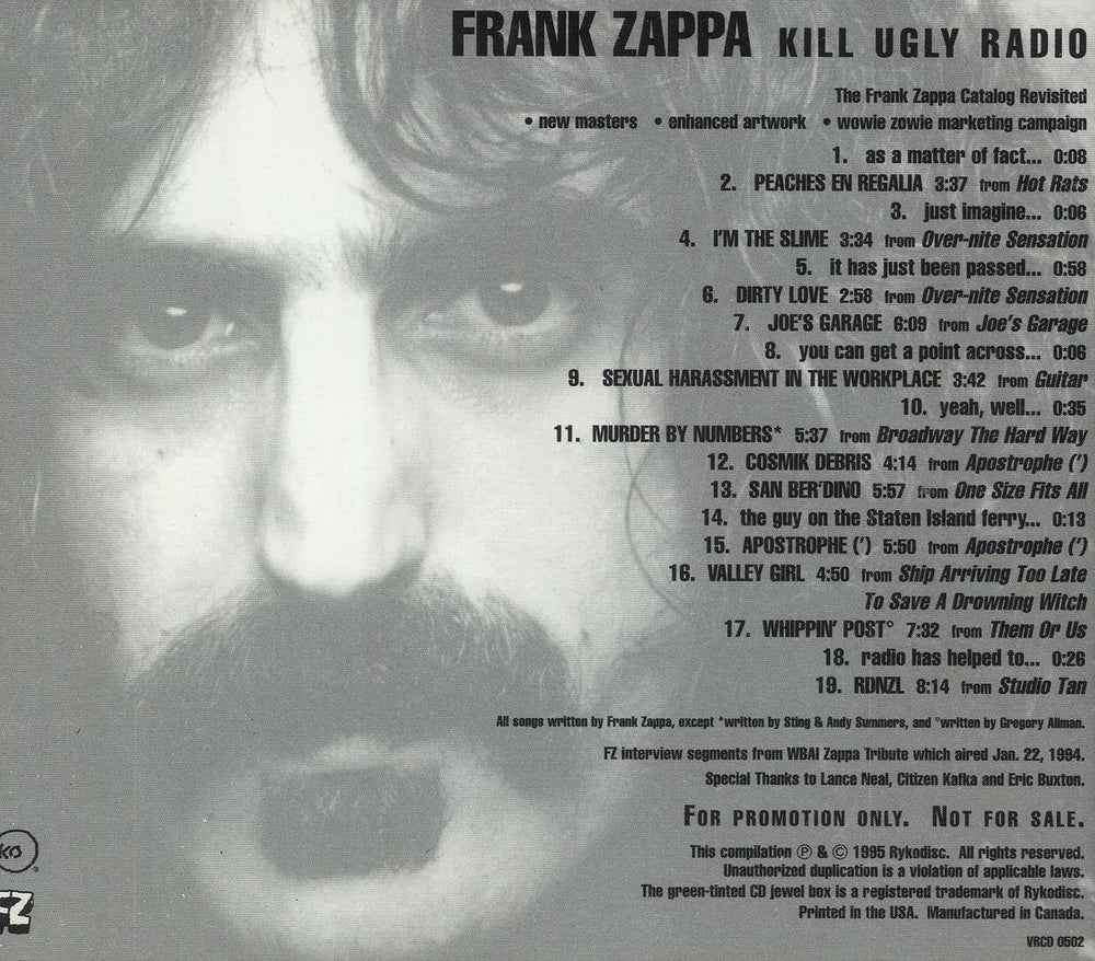 Frank Zappa Kill Ugly Radio US Promo CD album (CDLP)