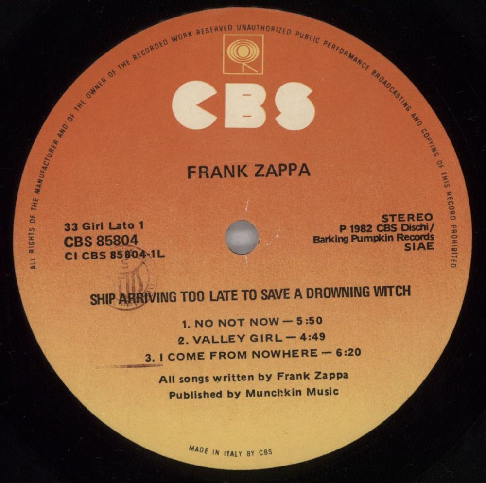 Frank Zappa Ship Arriving Too Late To Save A Drowning Witch Italian vinyl LP album (LP record) ZAPLPSH823371