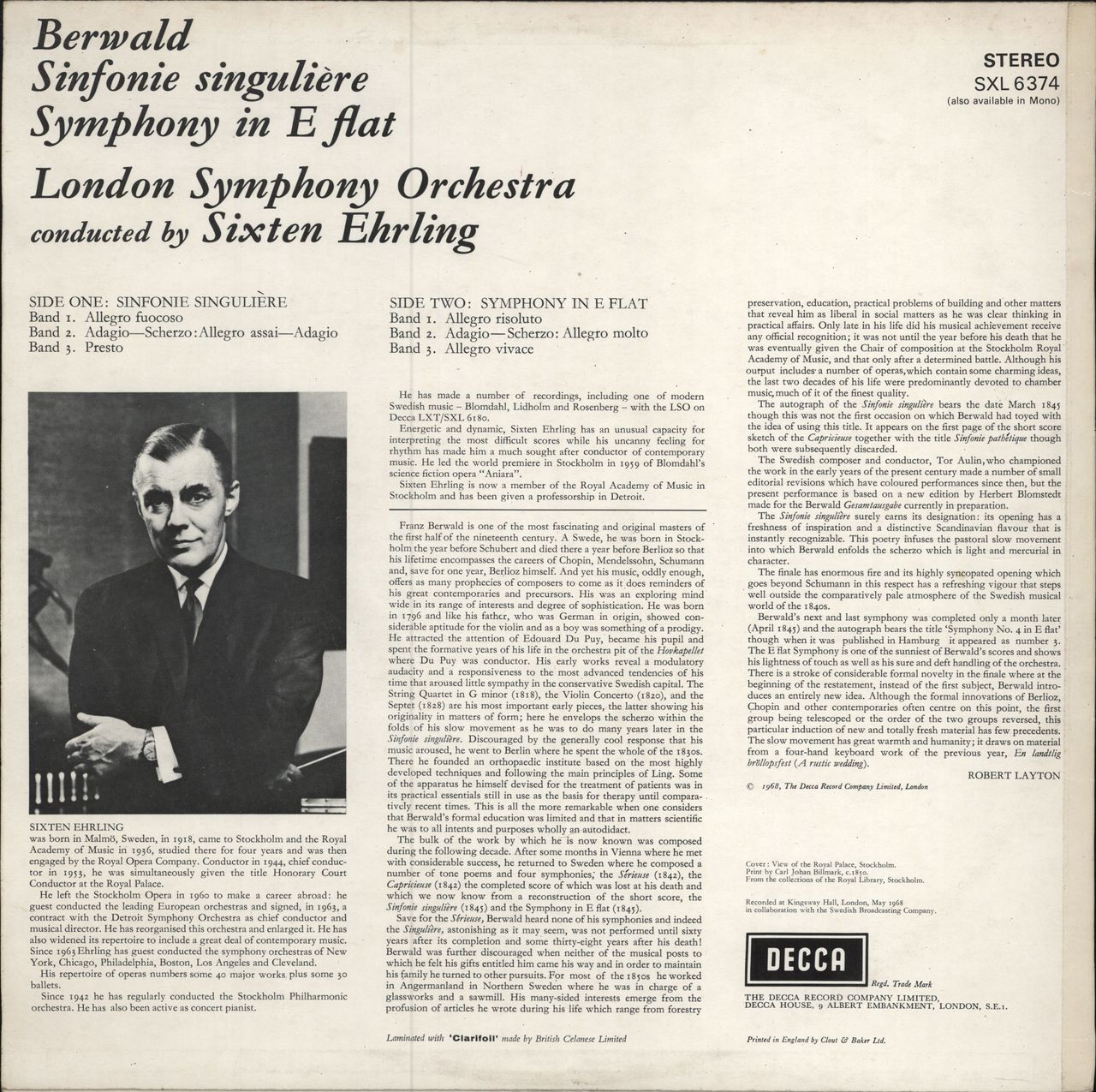 Franz Berwald Sinfonie Singulière / Symphony In E Flat - 1st UK vinyl LP album (LP record) FTOLPSI786460