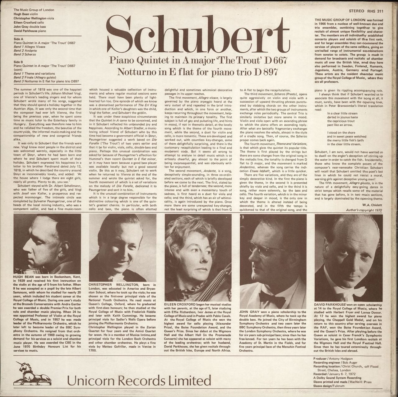 Franz Schubert Piano Quintet In A Major "The Trout" D667 / Notturno In E Flat For Piano Trio D897 UK vinyl LP album (LP record)