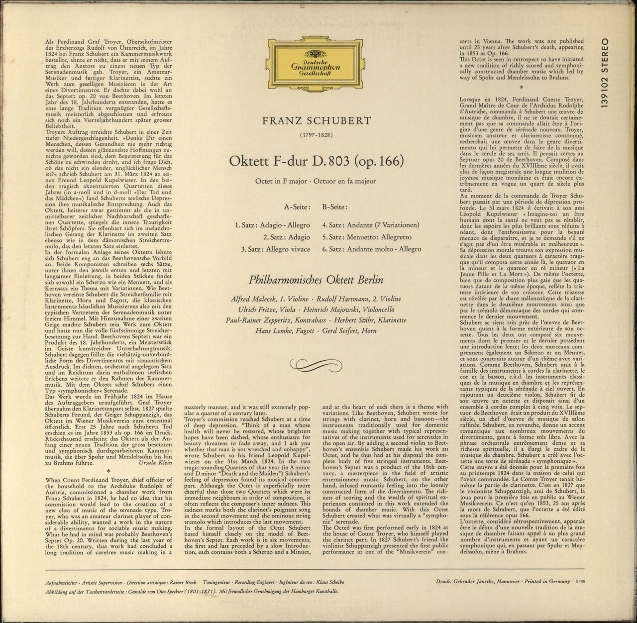 Franz Schubert Schubert: Oktett F-dur D. 803 German vinyl LP album (LP record) 139102