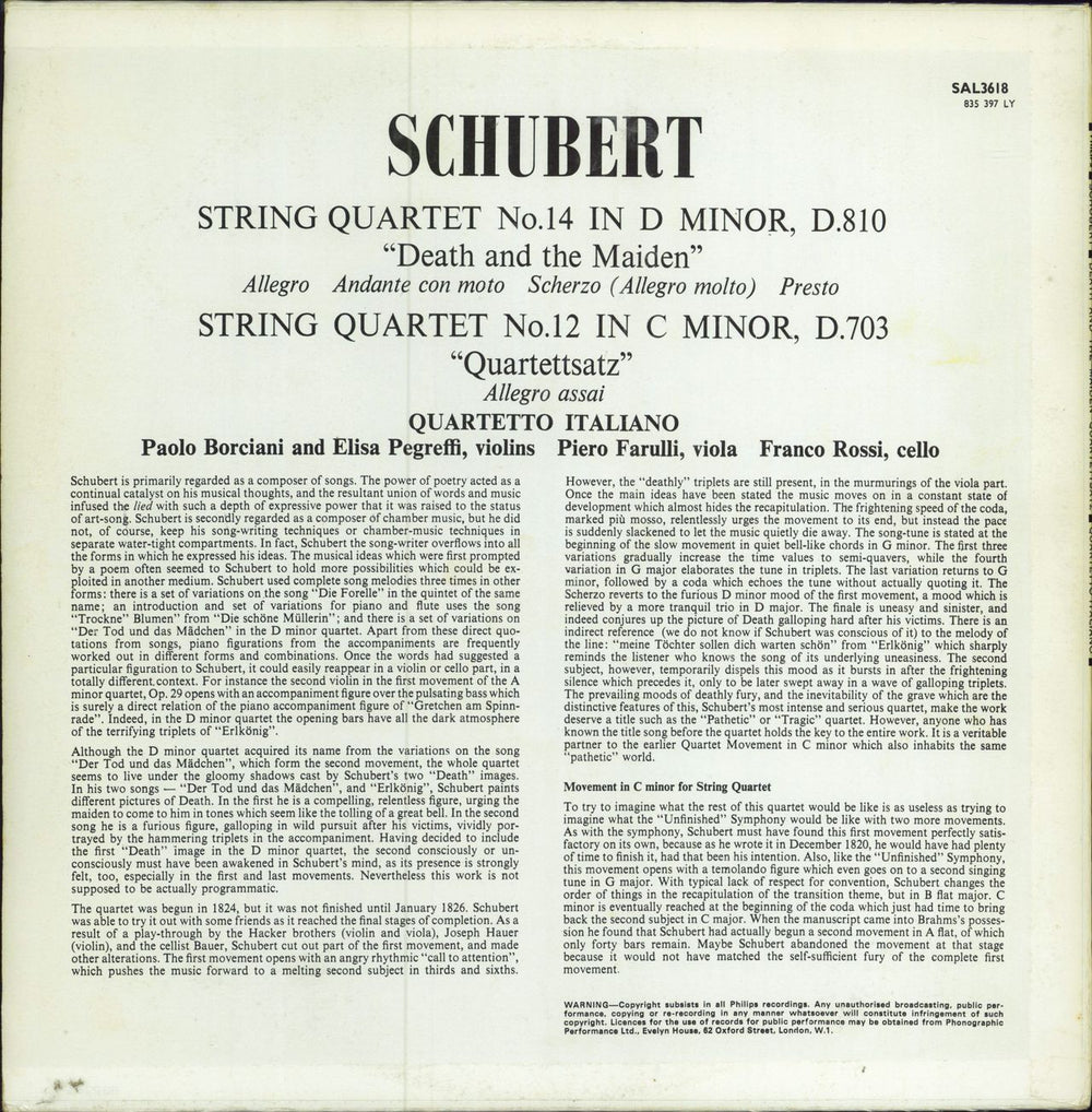 Franz Schubert String Quartets 'Death And The Maiden' & 'Quartettsatz' UK vinyl LP album (LP record)