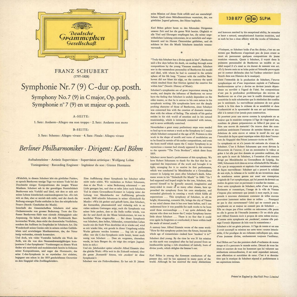 Franz Schubert Symphonie Nr.7 (9) Op. Posth. UK vinyl LP album (LP record)