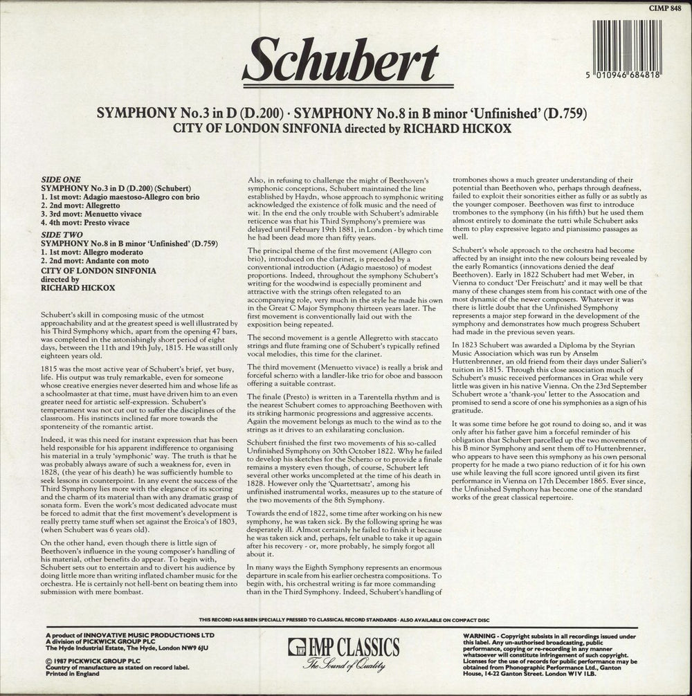 Franz Schubert Symphony No. 3 in D (D.200) / Symphony No. 8 in B Minor 'Unfinished' (D.759) UK vinyl LP album (LP record) 5010946684818