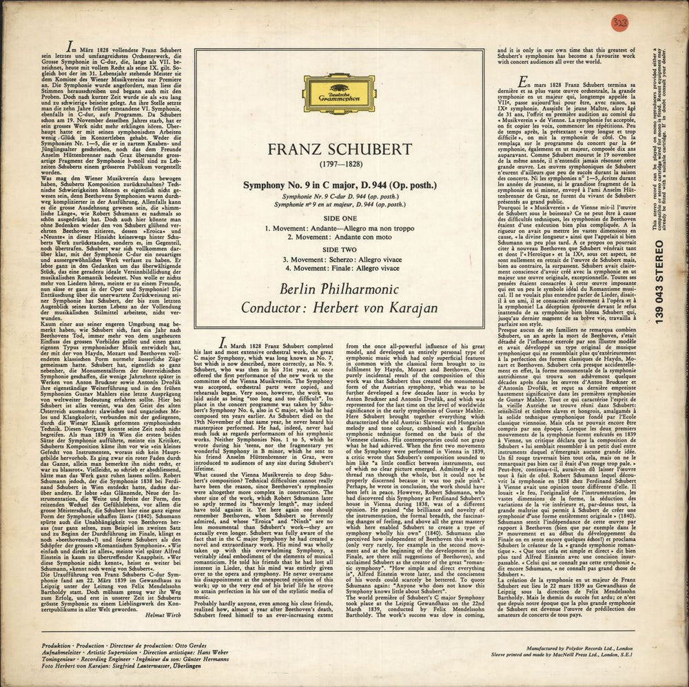 Franz Schubert Symphony No. 9 UK vinyl LP album (LP record)