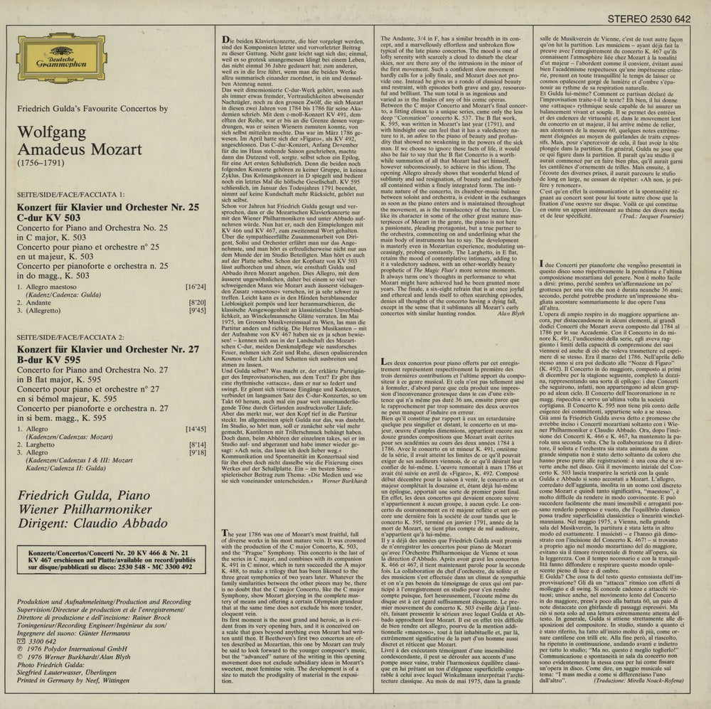 Friedrich Gulda Mozart: Klavierkonzerte · Piano Concertos Nr. 25 & 27 German vinyl LP album (LP record)