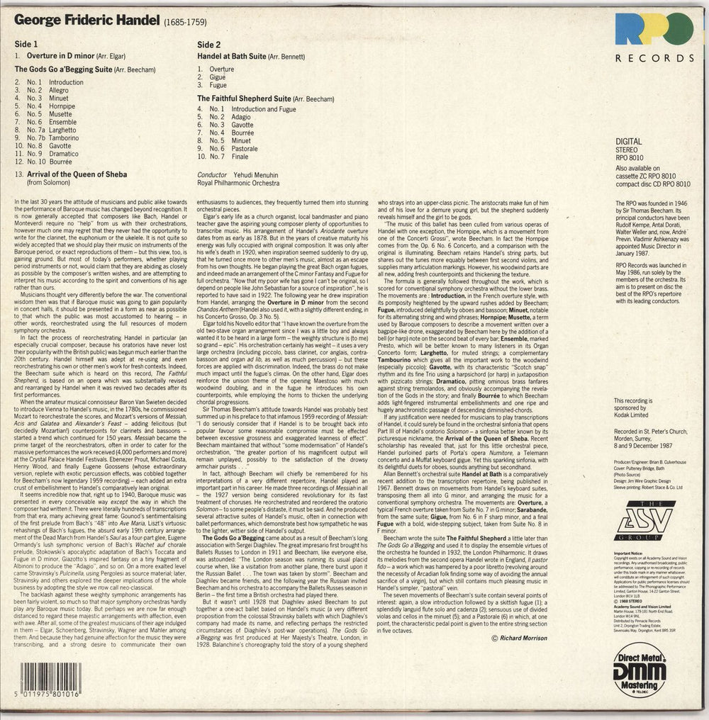 George Frideric Handel Orchestral Suites UK vinyl LP album (LP record) 5011975801016