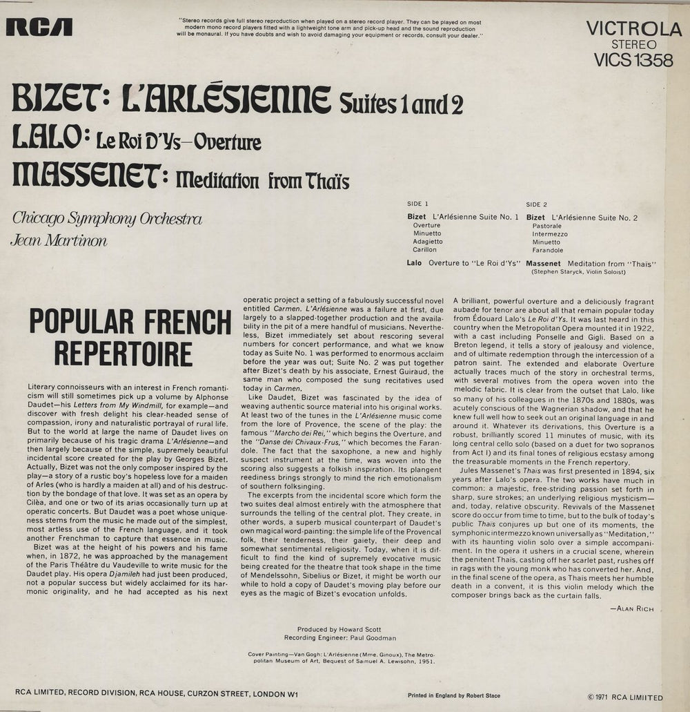 Georges Bizet L'Arlesienne Suites 1 & 2 UK vinyl LP album (LP record)