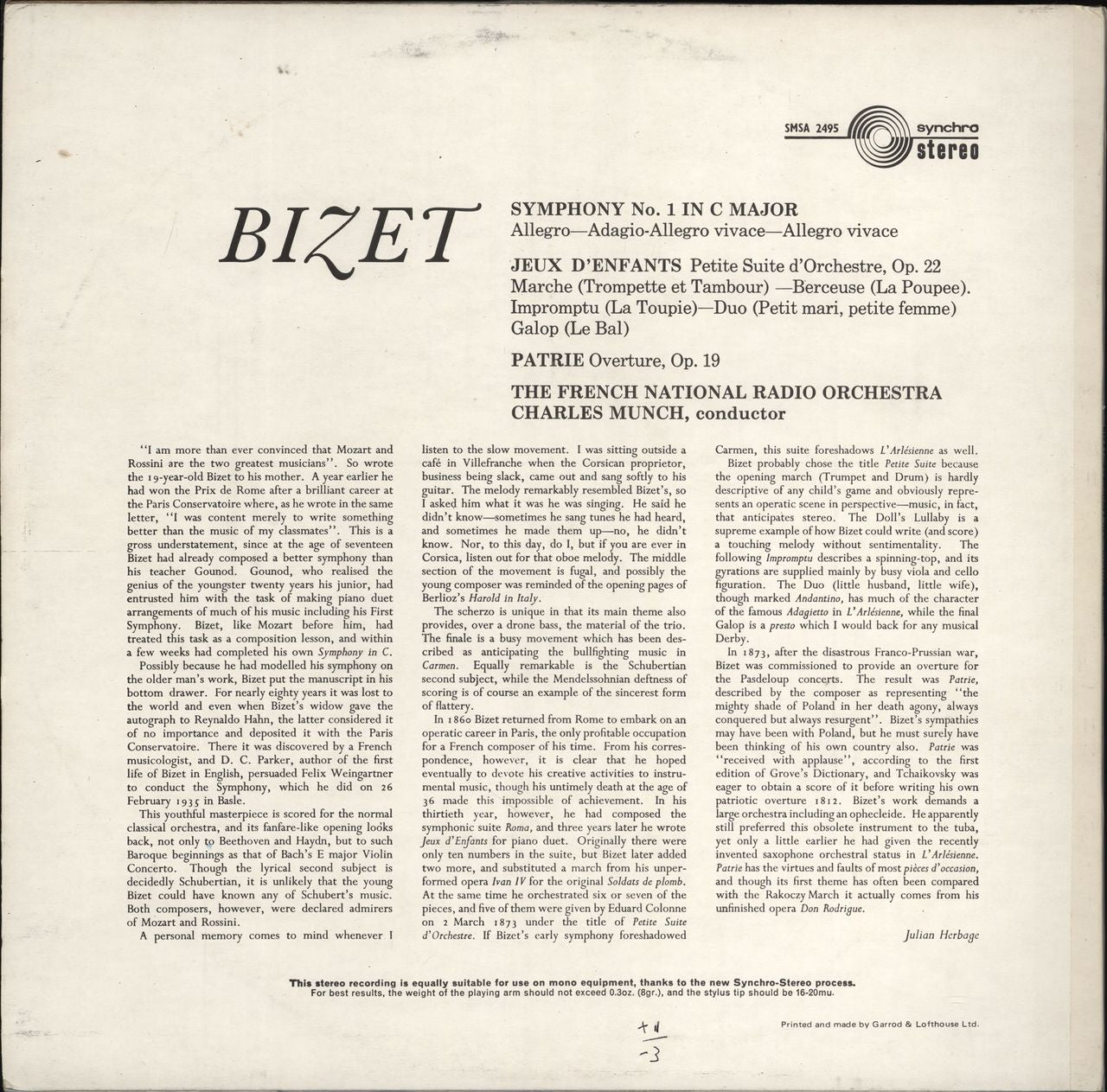 Georges Bizet Symphony In C / Jeux D'Enfants / Patrie UK vinyl LP album (LP record)