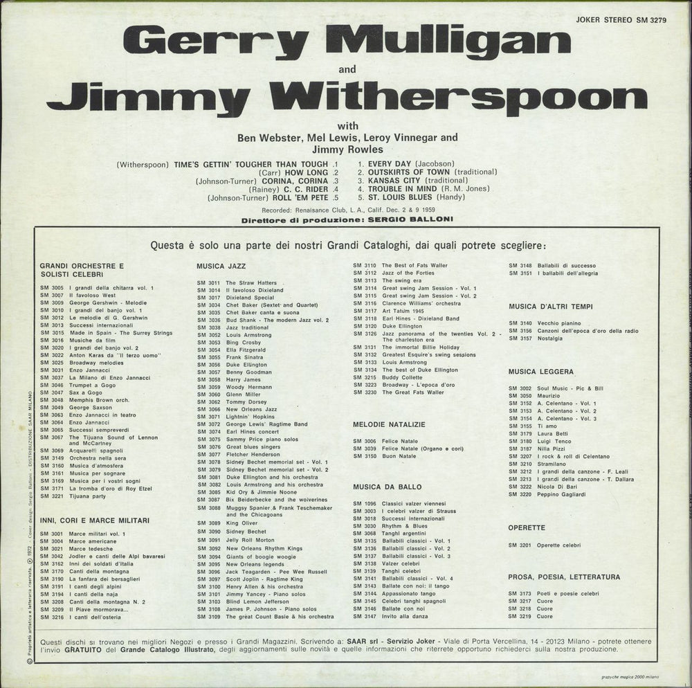 Gerry Mulligan Gerry Mulligan & Jimmy Witherspoon Italian vinyl LP album (LP record)