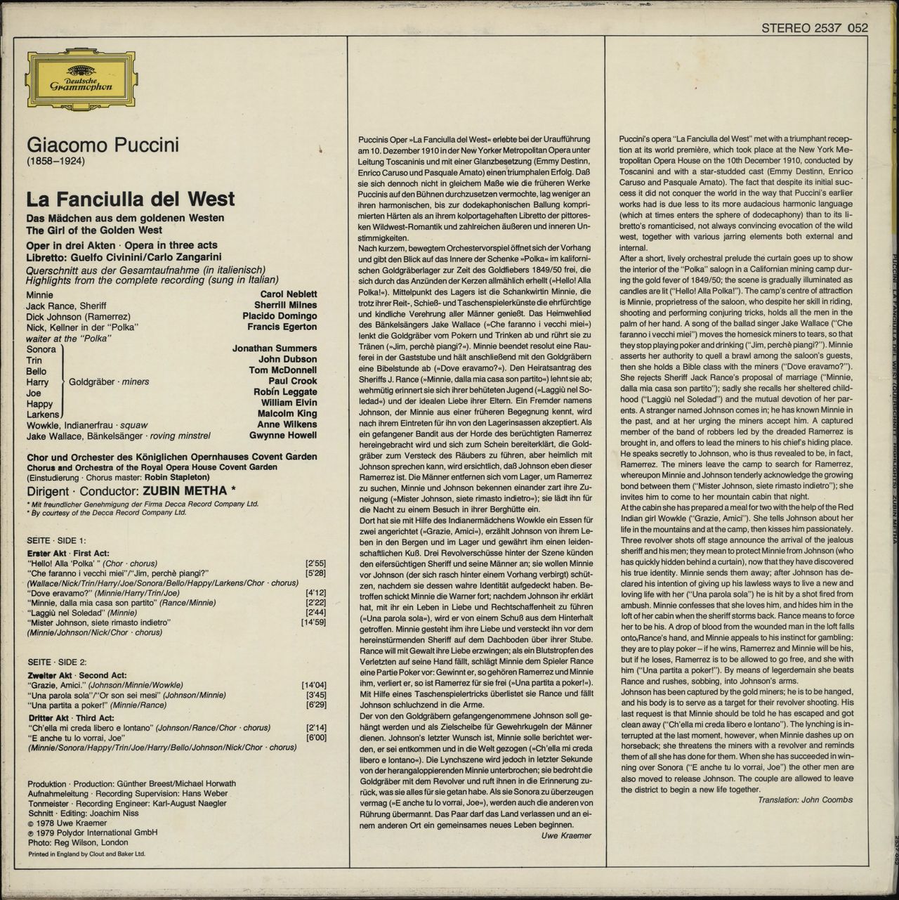 Giacomo Puccini La Fanciulla De West (Opera Highlights) UK vinyl LP album (LP record)