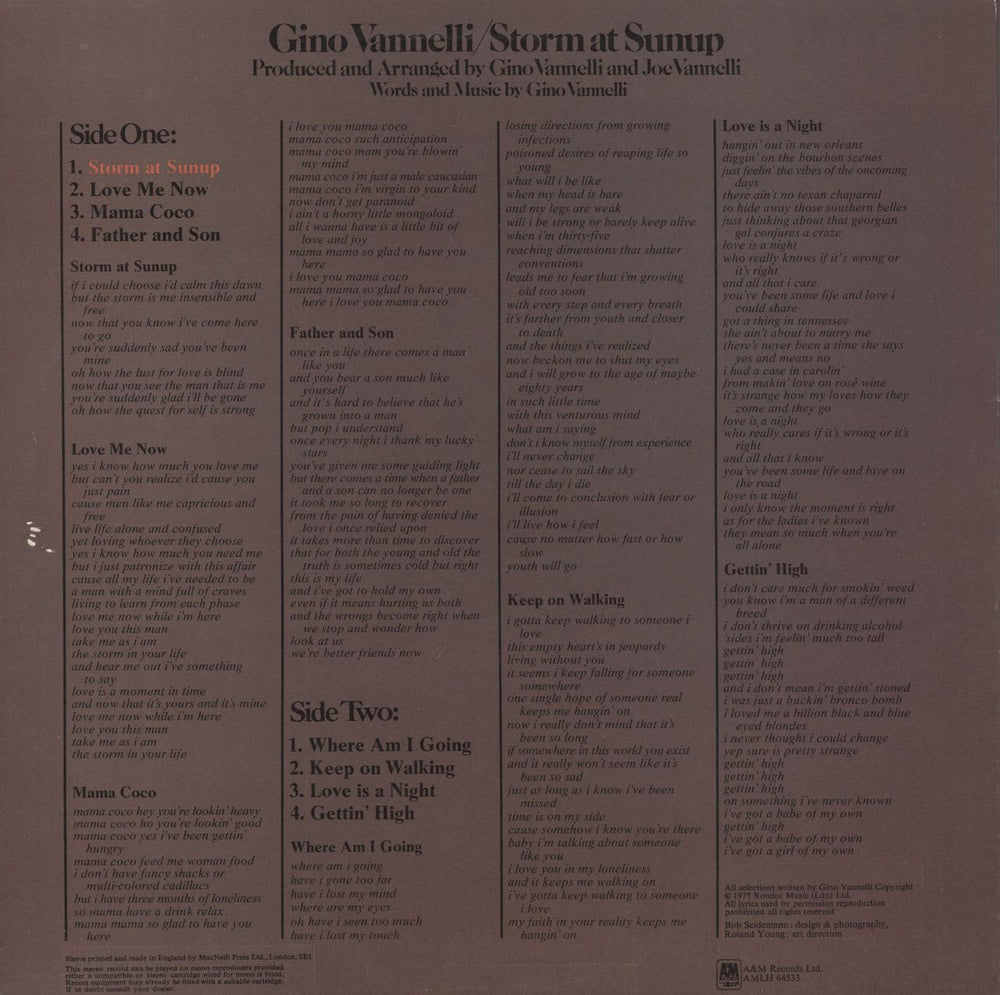 Gino Vannelli Storm At Sunup UK vinyl LP album (LP record)
