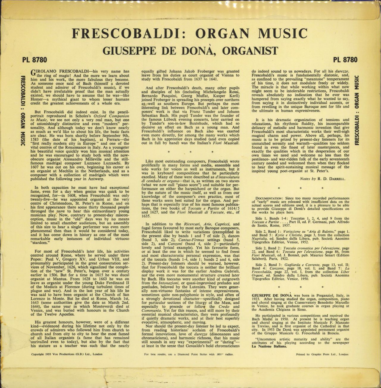 Giuseppe De Donà Frescobaldi Organ Music UK vinyl LP album (LP record)