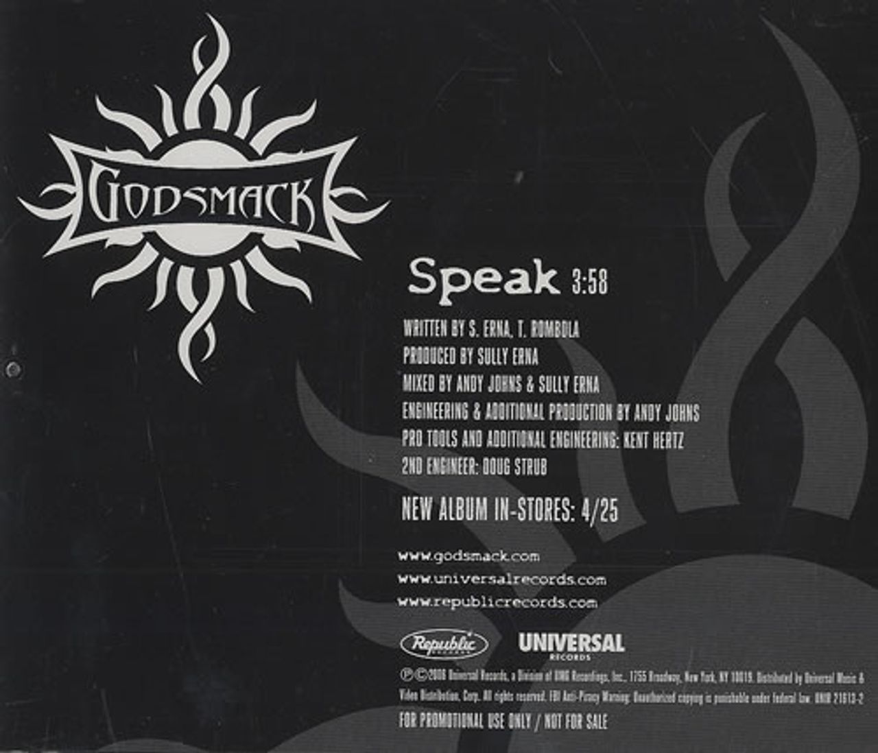 Godsmack Speak US Promo CD single (CD5 / 5") UNIR21613-2